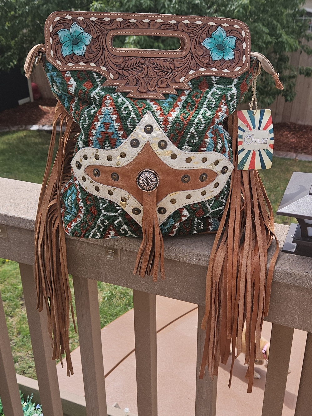 NWT OHLAY American Darling Western Fringe Tooled Aztec Crossbody